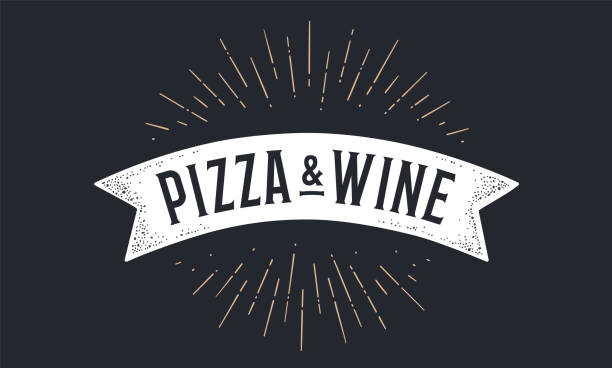 Flag ribbon Pizza Wine. Old school flag banner Flag ribbon Pizza Wine. Old school flag banner with text Pizza Wine. Ribbon flag in vintage style with linear drawing light rays, sunburst and rays of sun, text pizza wine. Vector Illustration alcohol drink borders stock illustrations
