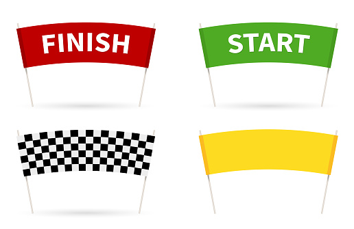 Flag Start. Flag finish for the competition. streamers of Start and Finish in flat style. 4 different colors of a finish line.  vector illustration isolated on white.