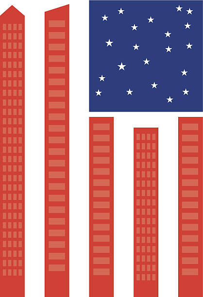 US Flag Skyscrapers forming the US flag with the sky and stars above flag half mast stock illustrations