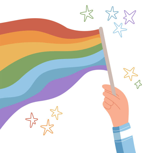 Flag with lgbt rainbow flag in hand with stars Human hand holding flag with lgbt rainbow, symbol for pride month celebration against discrimination, human rights violation, can use for banner, logo, icon, poster. Vector illustration nyc pride parade stock illustrations