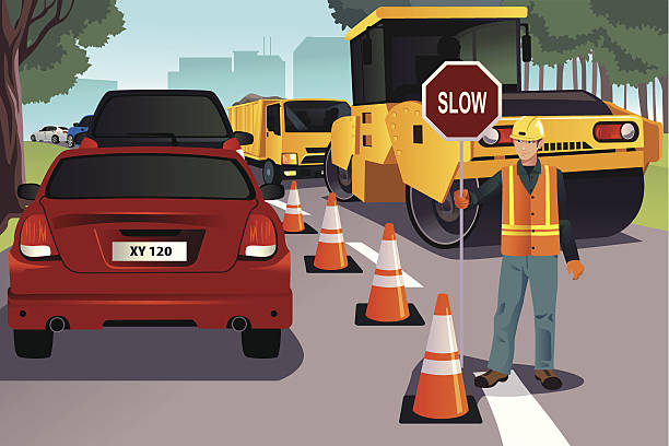 Flagger working on road construction A vector illustration of a flagger working on road construction traffic clipart stock illustrations