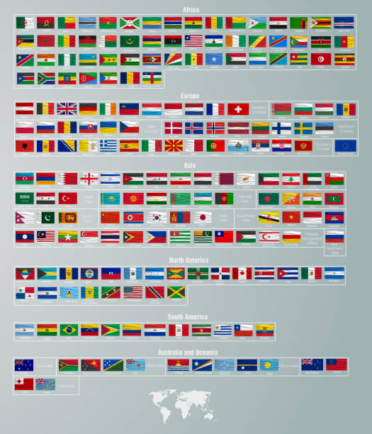 flags of countries divided by parts of the world - ulusal bayrak stock illustrations