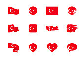 Flags of Turkey - flat collection. Flags of different shaped twelve flat icons. Vector illustration set
