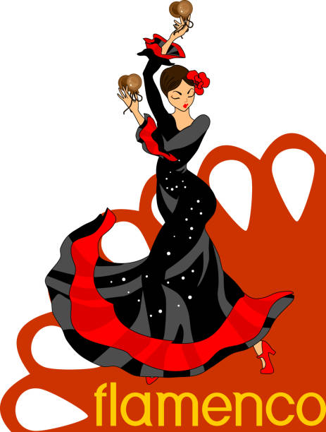 bildbanksillustrationer, clip art samt tecknat material och ikoner med flamenco dansare i svart klänning med castanets - kastanjetter