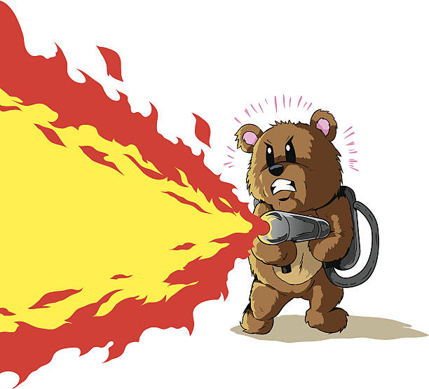 Flamethrower Bear Illustration of a cute bear with a flamethrower bear growling stock illustrations
