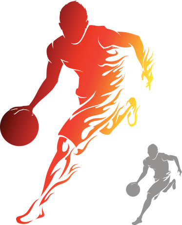 Athlete dribbling with flame trail.