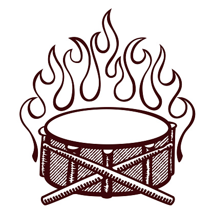 Flaming drums, snare drum with sticks logo, rockabilly flames