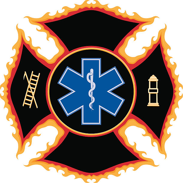 Flaming Fire and Rescue Maltese Cross Symbol Flaming Fire and Rescue Maltese Cross Symbol. maltese cross stock illustrations