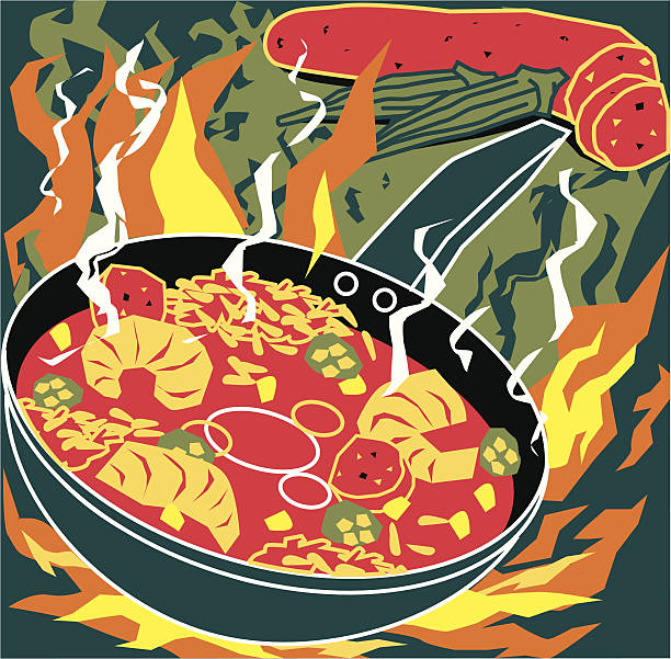 Flaming Jambalaya Spicy skillet with rice, tomato sauce, sausage, shrimp, corn, okra, and various spices. gumbo stock illustrations