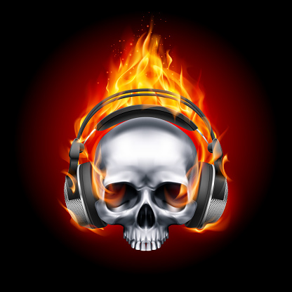 Flaming skull in headphones.