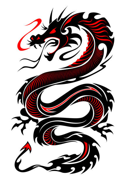 Flaming tribal dragon tattoo vector art illustration