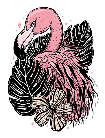 Flamingo tattoo tropical animal bird. Summer nature drawing. Black and pink color isolated ina white background.