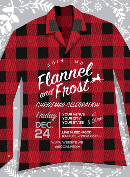 Flannel and Frost Holiday greeting invitation design template with flannel shirt Flannel and Frost Holiday greeting invitation design template with flannel pattern and hand drawn elements includes, flannel shirt branches, and garland. plaid shirt stock illustrations