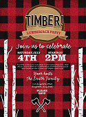 Vector illustration of a plaid Flannel Lumberjack party invitation design template. Design includes red and black color palette with wood textures. Includes birch tree stumps, crossed axes, wood stump. Perfect for Canadian celebration, boys birthday party invitation, lumberjack, hipster or male party themes. Layers for easy editing. Sample text design.