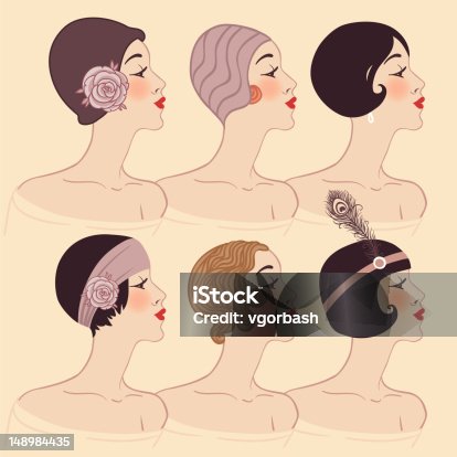 istock Flapper girls set: Hairstyle, headdress and makeup of 1920s 148984435
