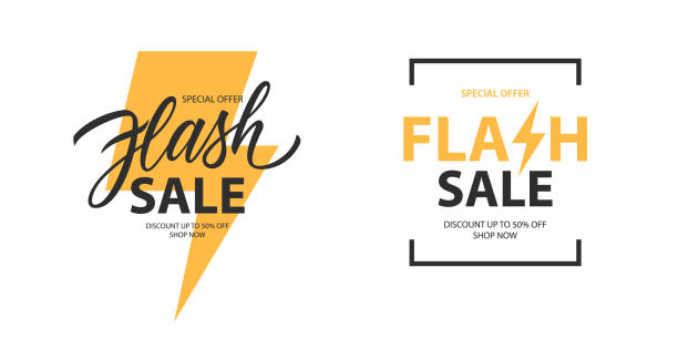 Flash Sale promotional labels templates set. Special offer text design with thunder sign and hand lettering for business, discount shopping, sale promotion and advertising. Flash Sale promotional labels templates set. Special offer text design with thunder sign and hand lettering for business, discount shopping, sale promotion and advertising. Vector illustration. flash stock illustrations