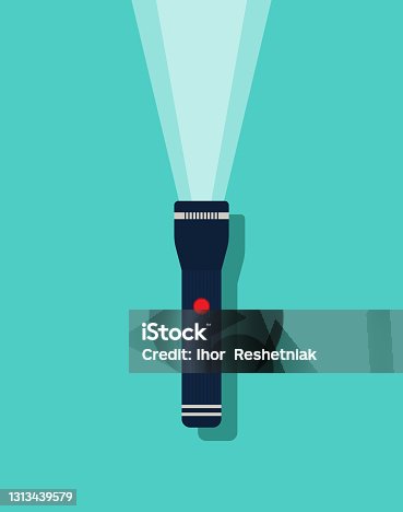 istock Flashlight icon. Beam of light from lantern. Torch with button, flash for search. Lamp on battery isolated on blue background. Design of electric spotlight for dark night. Portable torchlight. Vector 1313439579