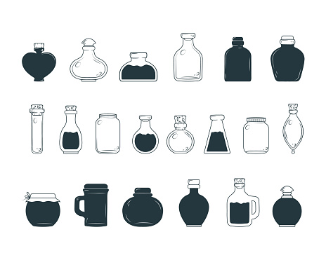 Flasks, vials and jars icon  isolated set. Spiritual design elements. Vector illustration in boho style.