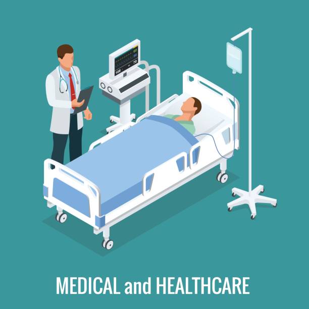 Flat 3D illustration Isometric interior of hospital room. Doctors treating the patient. Hospital clinic interior operation ward cells flat 3d isometry isometric concept web vector illustration. Flat 3D illustration Isometric interior of hospital room. Doctors treating the patient. Hospital clinic interior operation ward cells flat 3d isometry isometric concept web vector illustration patient in hospital bed stock illustrations