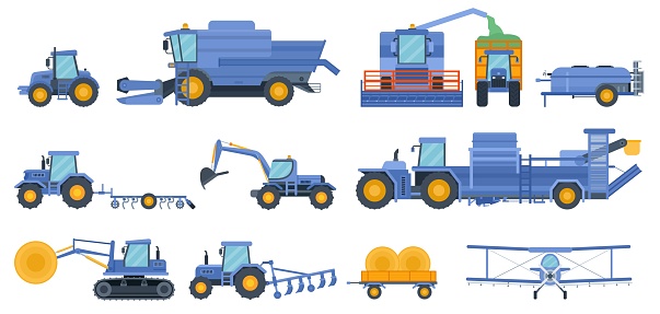 Flat agricultural machinery, farm combine, harvester and tractor. Crop duster, hay cutting machine and field cultivation vehicle vector set