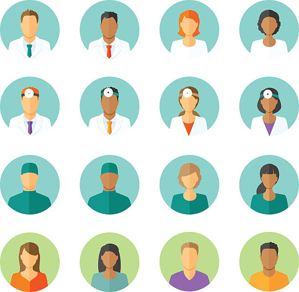 Flat avatars of doctors and patients for medical forum Set of round avatars different medical stuff like general doctor, therapist, surgeon and otolaryngologist. Also icons of patients for medical forum nurse face stock illustrations