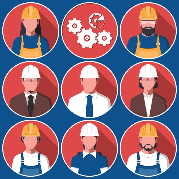 stockillustraties, clipart, cartoons en iconen met platte avatars van engineering werknemers - bouwvakker