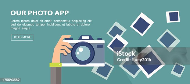 istock Flat banner. Illustration of hand holding camera with frames. 475543582