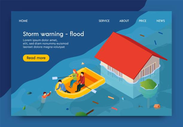 Flat Banner is Written Storm Warning Flood 3d. Flat Banner is Written Storm Warning Flood 3d. Men and Women Float on Flooded Streets. People Save Drowning Man From Flooding. House Flooded with Water. Vector Illustration Landing Page. flooding stock illustrations