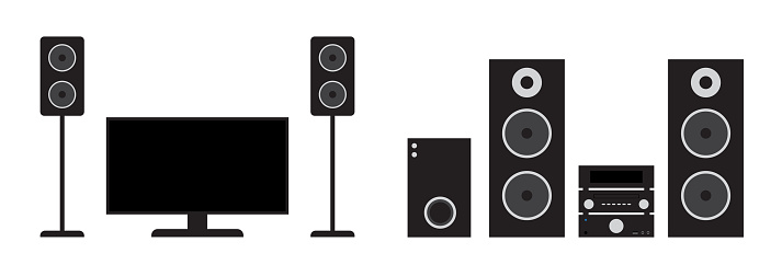 Flat black home cinema and stereo system set. Vector illustration of tv, receiver, subwoofer and speakers.