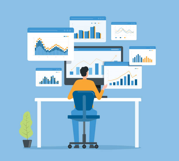 Flat business people analytics and monitoring investment and finance report graph on monitor concept. Business marketing planning. vector art illustration