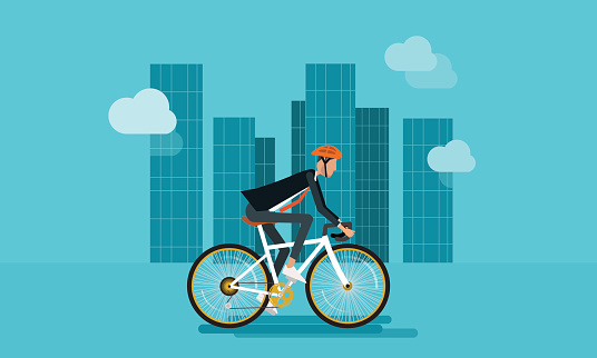 flat businessman character biking go to work in urban and energy saving concept