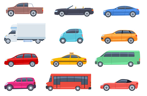 Flat cars set. Taxi and minivan, cabriolet and pickup. Bus and suv, truck. Urban, city cars and vehicles transport vector flat icons