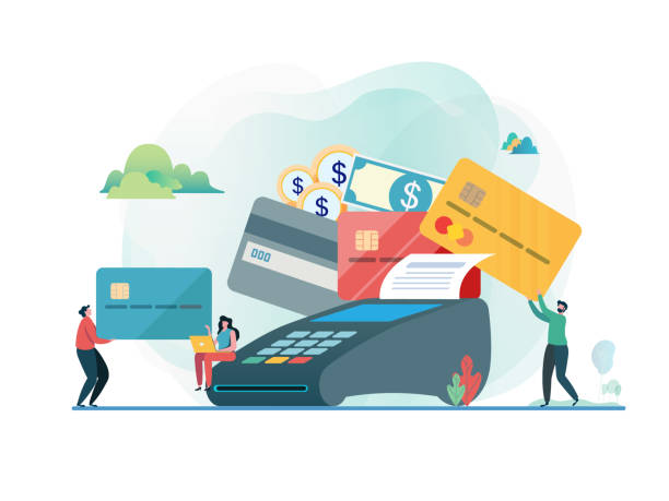 flat cartoon character Paid by credit card. Shopping on line. People and credit card machine.  Flat vector illustration modern character design. For a landing page, banner, flyer, poster, web page. credit card reader stock illustrations