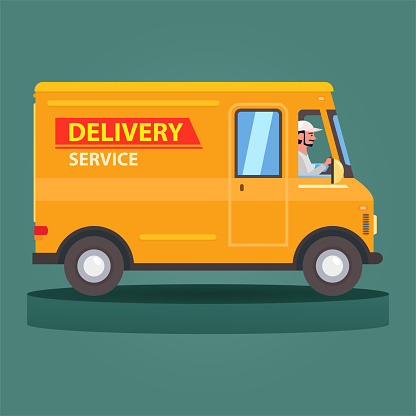 Flat Cartoon Yellow Delivery Van Vehicle With Driver Or Courier On Green Background Stock Illustration - Download Image Now - iStock | in store