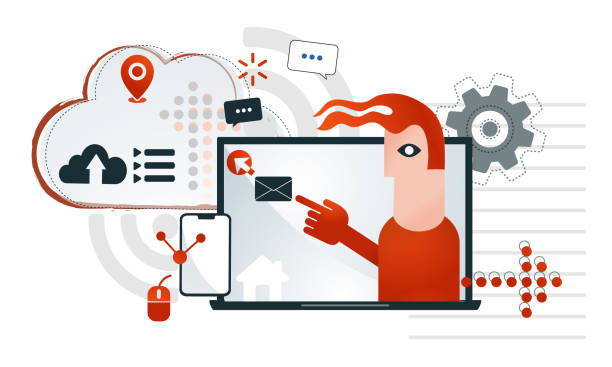 A flat character is showing the process of e-mailing. Is sending an e-mail on the computer. vector art illustration