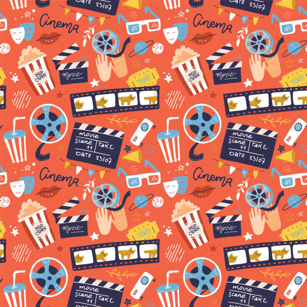 Flat cinema seamless pattern design with film reel, clapper, popcorn, 3D glasses. Cartoon flat Vector Illustration for print, fabric and web-design. Flat cinema seamless pattern design with film reel, clapper, popcorn, 3D glasses. Cartoon flat Vector Illustration for print, fabric and web-design movie drawings stock illustrations
