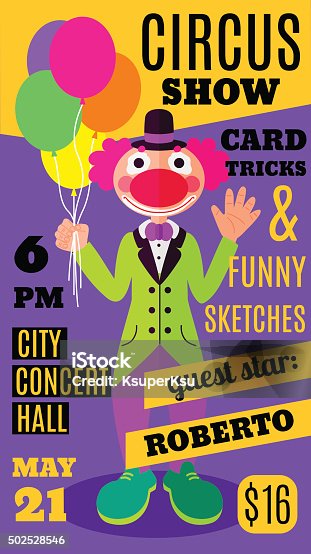 istock Flat circus background with clown with baloons 502528546