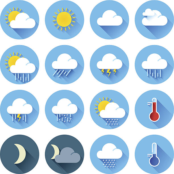 Flat color weather icons Vector illustration of flat color weather icons with long shadow lightning silhouettes stock illustrations