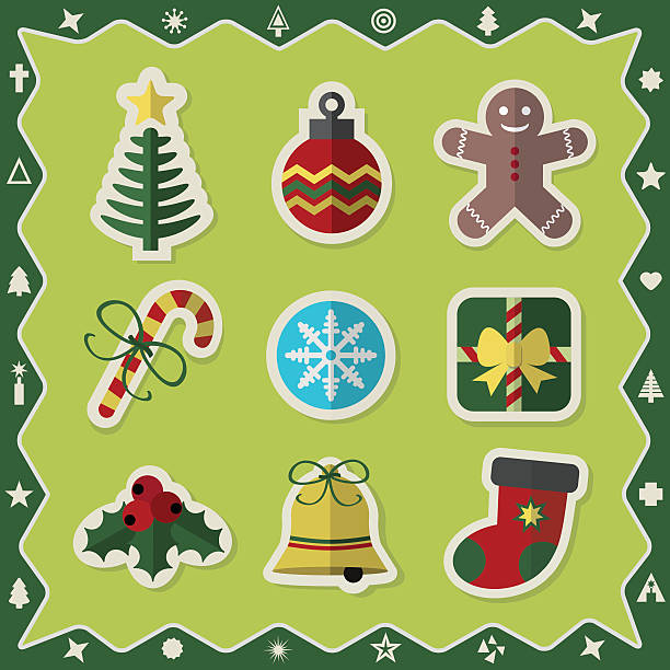 Flat colorful Christmas stickers icons set on green background Flat colorful Christmas stickers icons set on green background -  with silhouette Xmas signs and symbols border silhouette of christmas cookie border stock illustrations
