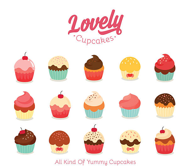 Flat cupcake illustration delicious yummy vector cupcakes for birthday parties cupcake stock illustrations