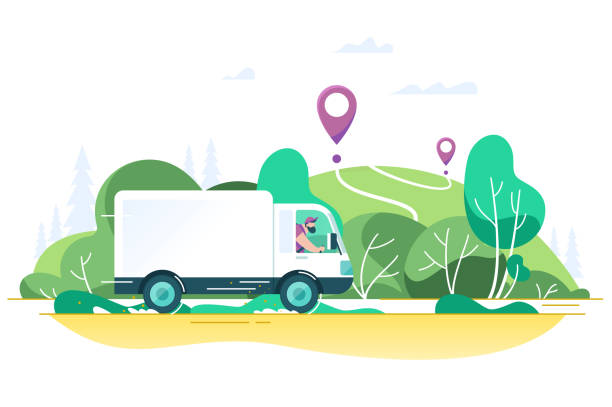 Flat delivery truck with man is carrying parcels on points. Flat delivery truck with man is carrying parcels on points. Concept online map, tracking, service. Vector illustration. truck stock illustrations