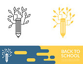 Education icon in thin line and flat design style with a trendy banner at the bottom.