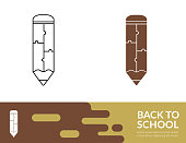 Education icon in thin line and flat design style with a trendy banner at the bottom.