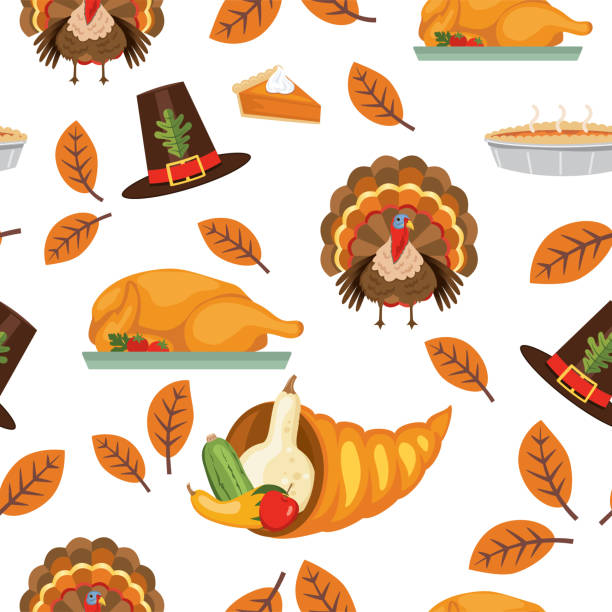 ilustraciones, imágenes clip art, dibujos animados e iconos de stock de plano diseño de patrones sin fisuras otoño - thanksgiving turkey