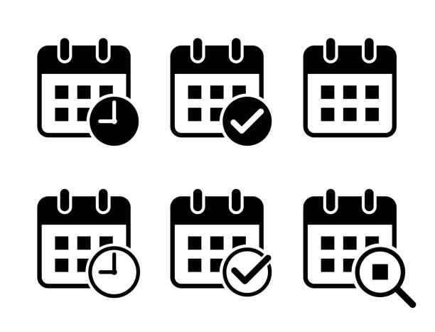 ilustraciones, imágenes clip art, dibujos animados e iconos de stock de conjunto de iconos de calendario de diseño plano (añadir marca de verificación, reloj, lupa) - calendar