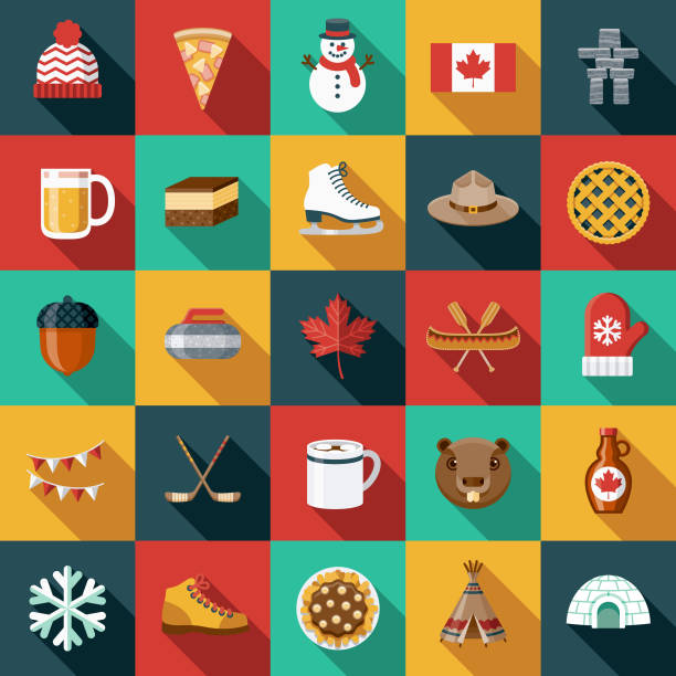 Flat Design Canada Icon Set with Side Shadow A set of flat design styled Canadian icons with a long side shadow. Color swatches are global so it’s easy to edit and change the colors. canadian culture illustrations stock illustrations