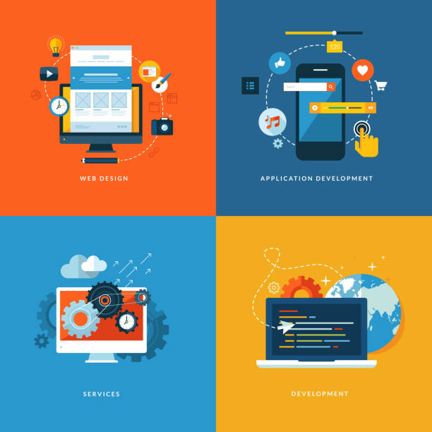 flat design concept icons for web and mobile services and apps Icons for web design, application development, services and programming coding illustrations stock illustrations
