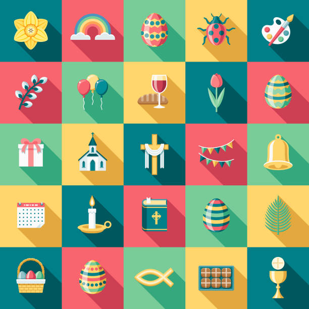 Flat Design Easter Icon Set with Side Shadow  easter sunday stock illustrations