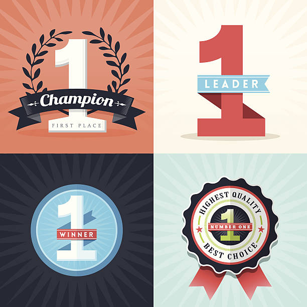 Flat Design First Place Winner ribbons and badges vector art illustration
