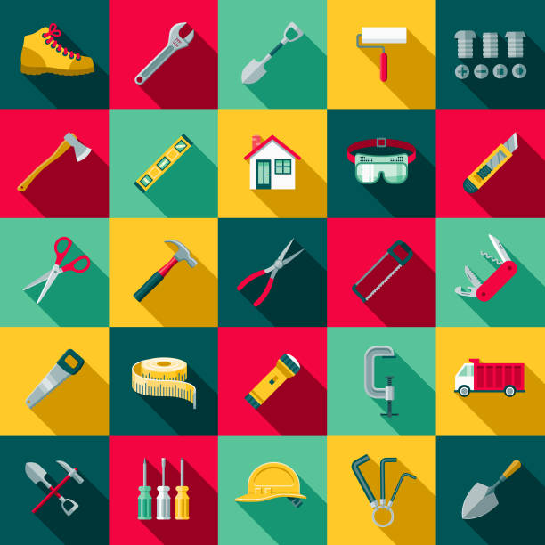 Flat Design Home Improvement Icon Set with Side Shadow A set of flat design styled home improvement and renovations icons with a long side shadow. Color swatches are global so it’s easy to edit and change the colors. work tool stock illustrations